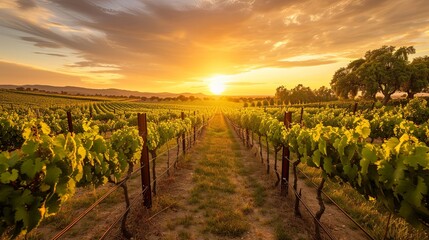 Picturesque vineyard at sunset, with rows of grapevines leading to an open sky. 