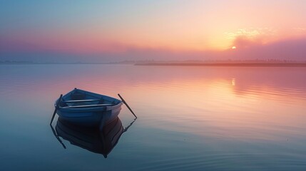 Tranquil scene of a rowboat on a calm lake at dawn with oars forming a heart shape. 