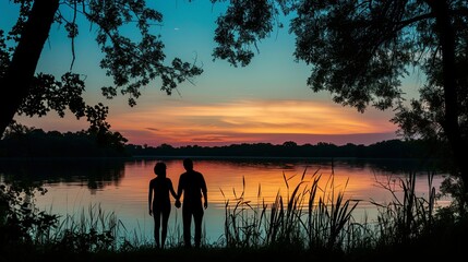 Twilight ambiance featuring a silhouette of a couple holding hands against a serene lake.