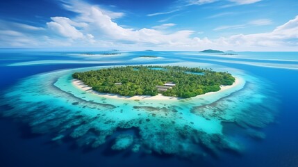 A bird's-eye view showcasing the vibrant hues of a coral atoll surrounded by turquoise waters, forming an aquatic paradise - obrazy, fototapety, plakaty