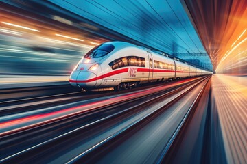 A lengthy high-speed train moves quickly. Generative Ai. - obrazy, fototapety, plakaty