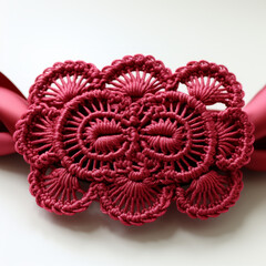 Obraz premium Handmade Crimson Macramé Lace Ribbon on White Background