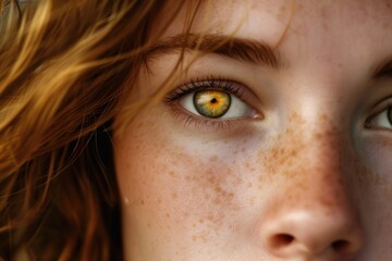 A detailed close-up of a woman's face with beautiful freckles. Perfect for beauty, skincare, and natural look concepts