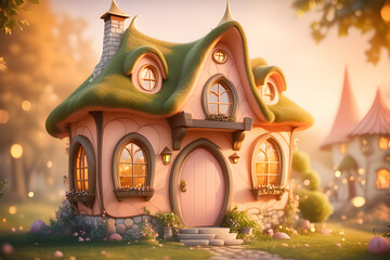 Fairytale tree house in a mysterious forest, house of pixies and elves. template for design. Playground AI platform.