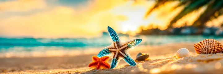 Fotobehang shells and starfish on the seashore. Selective focus. © yanadjan