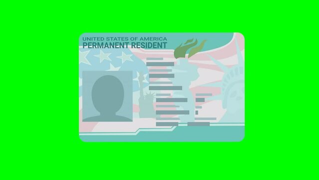 A hand presents his green card, permanent resident card in the United States on a green screen, with transparency, alpha channel with mask in flat design style