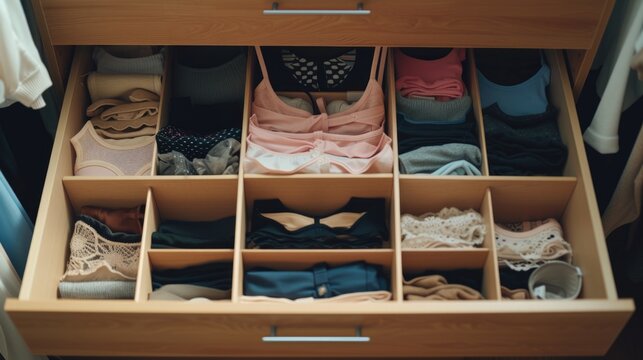 A drawer filled with various types of underwear and undergarments. This image can be used to showcase a wide range of lingerie options or to illustrate a well-stocked underwear collection