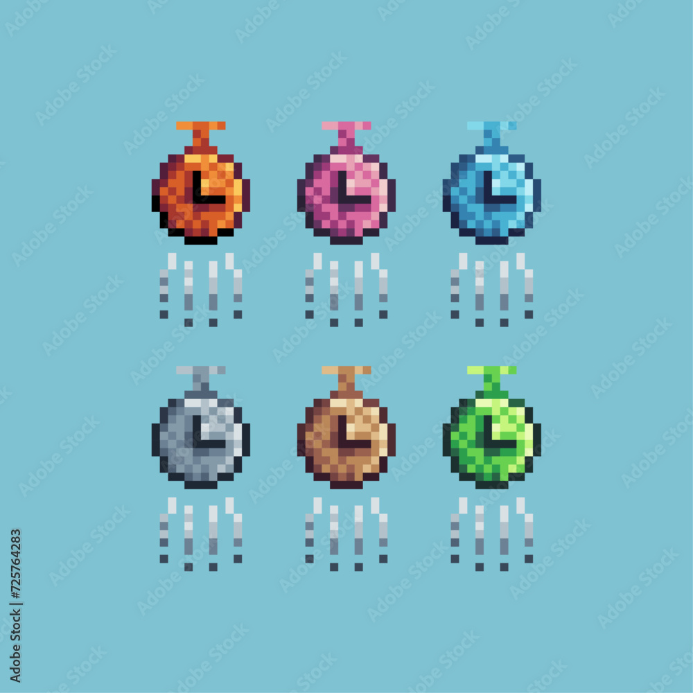 Poster pixel art sets icon of clock speed variation color. clock fly icon on pixelated style. 8bits perfect