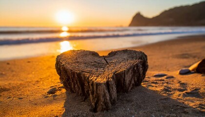 Heart shaped piece of tree trunk on a veach close up shot