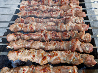 Pork meat skewers on charcoal barbecue grill 