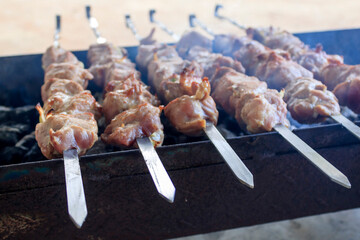 Meat skewers grilled on charcoal barbecue grill, blurry view