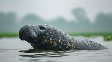 A manatee emerges from calm waters on a foggy day with a gentle expression, AI generated