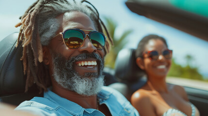 middle age multi-racial man and woman on a convertible car on a road trip. Smart black rasta style man with grey hair driving a cabriolet with a pretty lady on a sunny day