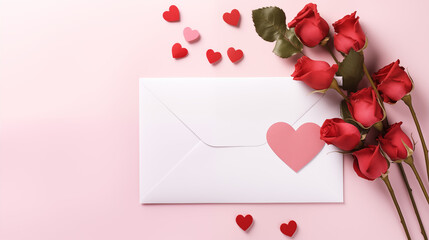 Walentynki - jasne tło na życzenia. Mockup, szablon z bukietem, kopertą i listem z wyznaniem...
