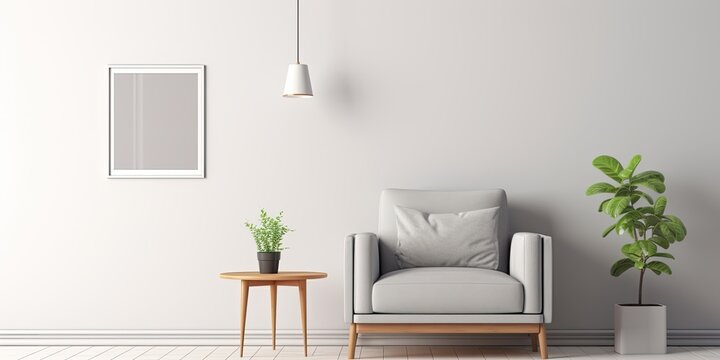 Real photo of a simple flat interior with a lamp, white cabinet, plant, grey sofa, and armchair.