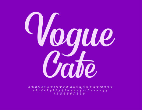Vector artistic flyer Vogue Cafe. Beautiful Cursive Font. Trendy Stylish set of Alphabet Letters, Number and Symbols.