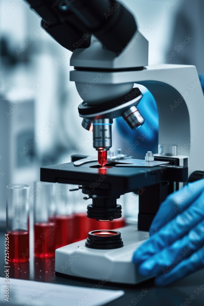 Poster A detailed view of a microscope placed on a table. Suitable for scientific research and laboratory concepts