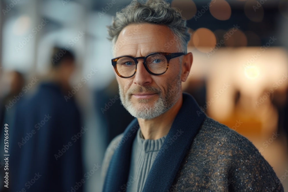 Poster a man wearing glasses and a sweater is looking directly at the camera. this image can be used to con