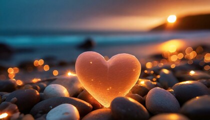 Heart-shaped colorful Pebbles Across the coastline	
