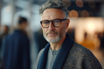 A man wearing glasses and a sweater is looking directly at the camera. This image can be used to convey a confident and friendly demeanor