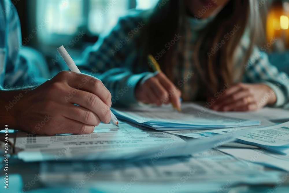 Poster a person is sitting at a table with papers and a pen. this image can be used to represent studying, 