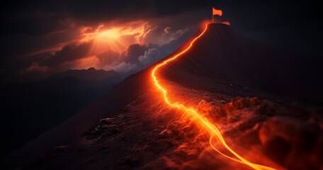 Light path leading to glowing red flag on top of mountain, success and achievements concept