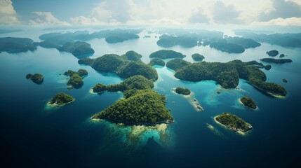 Fototapeta na wymiar Aerial perspectives showcasing an awe-inspiring archipelago, with clusters of islands surrounded by pristine waters