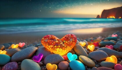 Heart-shaped colorful Pebbles Across the Coastline