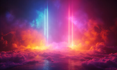 Fototapeta na wymiar Neon purple light rays in door or entrance shape between smoke and clouds