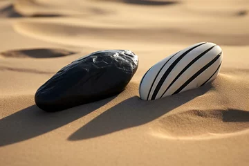 Türaufkleber Steine ​​im Sand Black and white zen stones in the sand on a sunny day