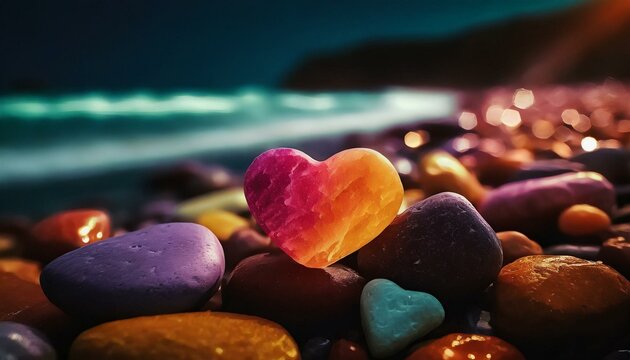 Heart-shaped colorful Pebbles Across the coastline	
