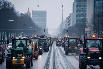 Farmers and hauliers demonstrate against subsidy cuts and tax increases. The demonstrators have come to the event in tractors and trucks. - obrazy, fototapety, plakaty
