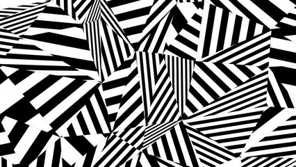 Black and white geometric 3d low poly kaleidoscopic pattern with moving black stripes, 4k abstract tech optical illusion minimal background, Seamless looping

