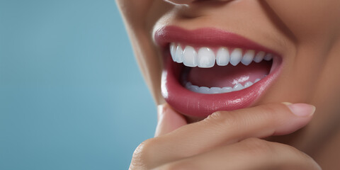 Obraz premium Close-up on beautiful teeth of caucasian woman with hand touching her chin
