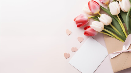 Walentynki - jasne tło na życzenia. Mockup, szablon z bukietem, kopertą i listem z wyznaniem uczuć miłości. Kwiaty dla zakochanej kobiety