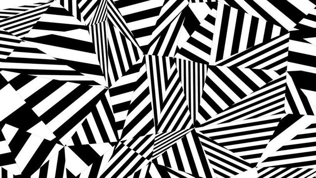 Black and white geometric 3d low poly kaleidoscopic pattern with moving black stripes, 4k abstract tech optical illusion minimal background, Seamless looping

