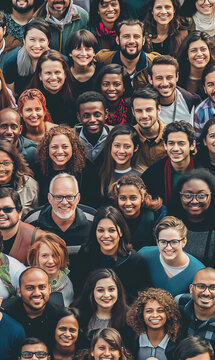 Large group of happy people standing tight together and looking up