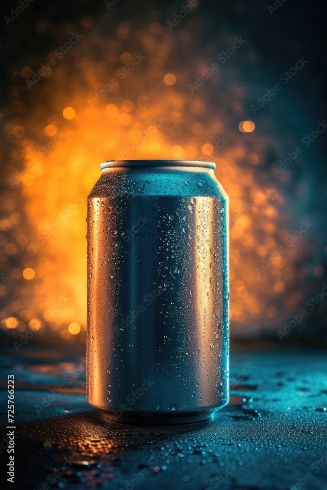 Poster a can of soda sitting on top of a table. suitable for beverage advertisements or food and drink rela