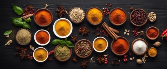 Spices and herbs on a wooden board. Pepper, salt, paprika, basil, turmeric. On a black wooden chalkboard - obrazy, fototapety, plakaty