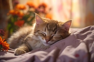 A pet is resting on a warm blanket. Cute little striped kitten sleeping on a white blanket. Cute little kitten sleeping on the bed. The concept of funny adorable pets.