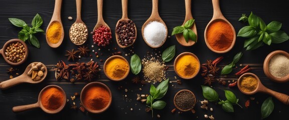 Spices and herbs on a wooden board. Pepper, salt, paprika, basil, turmeric. On a black wooden chalkboard