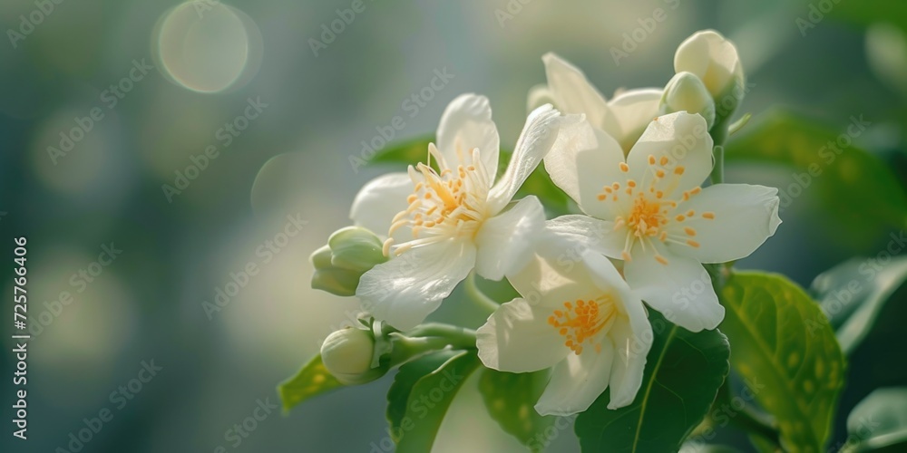 Poster a close-up view of white flowers with green leaves. this image can be used to enhance any project th