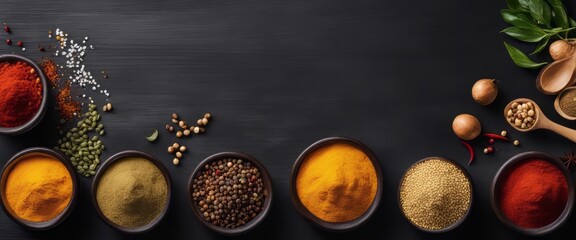 Fototapeta na wymiar Spices and herbs on a wooden board. Pepper, salt, paprika, basil, turmeric. On a black wooden chalkboard