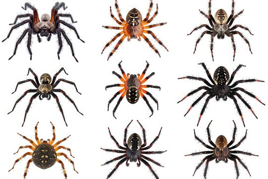 A picture featuring six different types of spiders on a plain white background. This image can be used for educational purposes or in articles about spiders and their various species