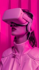 a woman wearing a pink virtual reality headset with headphones
