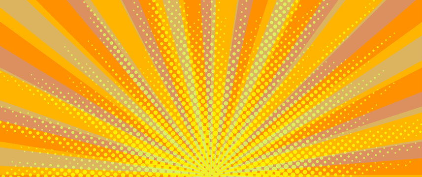 Pop art yellow vintage comic magazine cover with rays. Cartoon vector halftone template. Pop Art illustration with halftone dots and rays. Yellow explosion rays background in cartoon style.