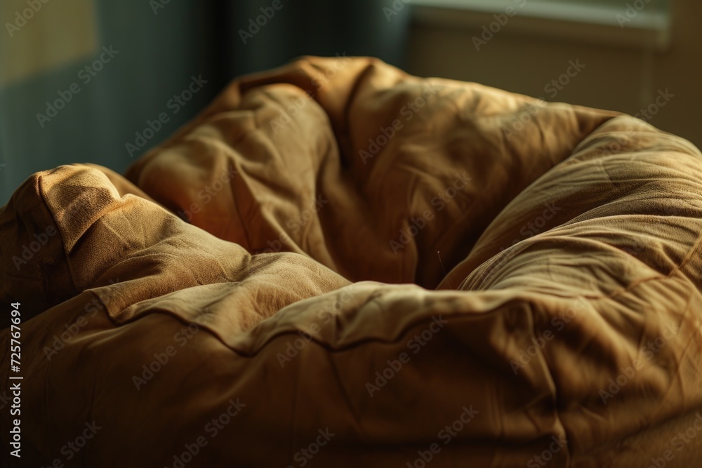 Poster a comfortable brown bean bag chair placed in front of a window. perfect for relaxing and enjoying th
