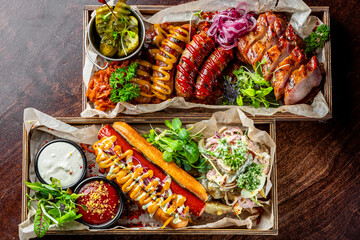 fast food set on plate. various meat Bavarian, Frankfurt, German grilled sausages