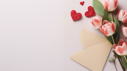 Walentynki - jasne tło na życzenia. Mockup, szablon z bukietem, kopertą i listem z wyznaniem uczuć miłości. Kwiaty dla zakochanej kobiety