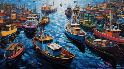 Bird's-eye perspectives capturing the vibrant colors of fishing boats lined up along a coastline, adding a lively touch to coastal scenery